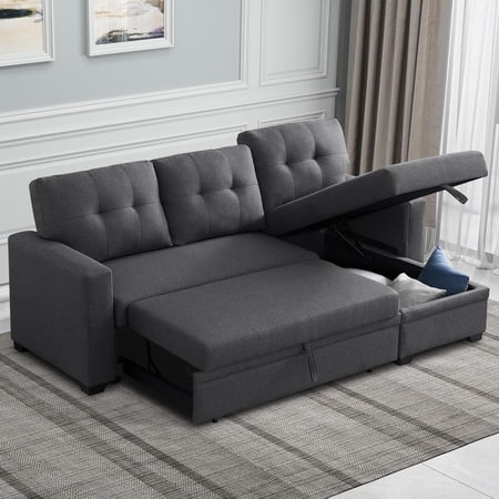 Reversible Sectional Sleeper Sofa with Storage Chaise – Modern Linen Pull-Out Bed, Hidden Storage & Removable Backrest for Living Rooms