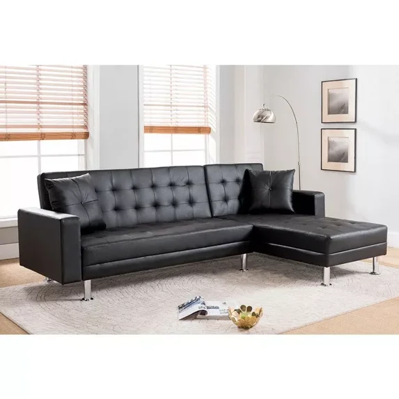 Reversible Sectional Sofa Bed, Click Clack Convertible Sofa Couch with Chaise, Black