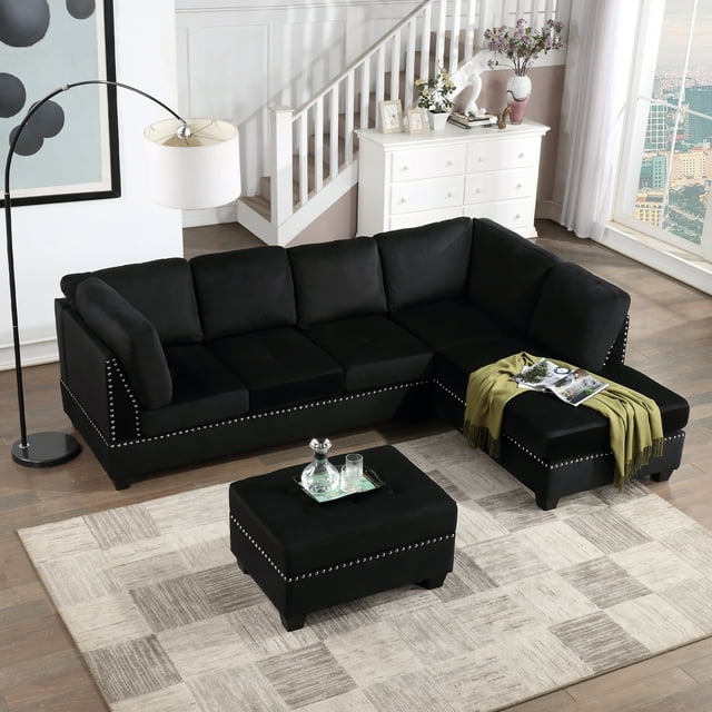 Reversible Sectional Sofa with Chaise Lounge, Modern L-shaped Linen Sofa with Storage Ottoman and Cup Holder, Rivet Trim Upholstered Living Room Sofa with Removable Back Cushion, Black