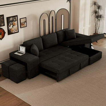 Reversible Sectional Sofa Couch, 104" Modern L-Shaped Sofa with Pull Out Bed, Storage Chaise and 2 Stools, Modular Sleeper Sofa Bed for Living Room Furniture Set, Charcoal Grey