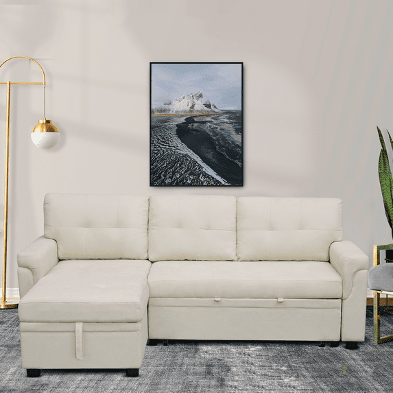 Reversible Sectional Sofa Couch, Modern Convertible L-Shaped 3-Seat Sofa Sectional with Reversible Chaise for Small Space, Cream, Velvet