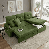 Convertible Sectional Sofa Bed, 82in Sleeper Sofa Bed with Storage Chaise for Living Room, Pull Out Couch L Shaped Couch with USB Charging Port, Cup Holder, Removable Backrest, Teddy Fabric, Green