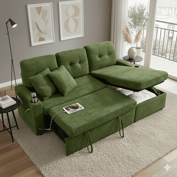 Convertible Sectional Sofa Bed, 82in Sleeper Sofa Bed with Storage Chaise for Living Room, Pull Out Couch L Shaped Couch with USB Charging Port, Cup Holder, Removable Backrest, Teddy Fabric, Green