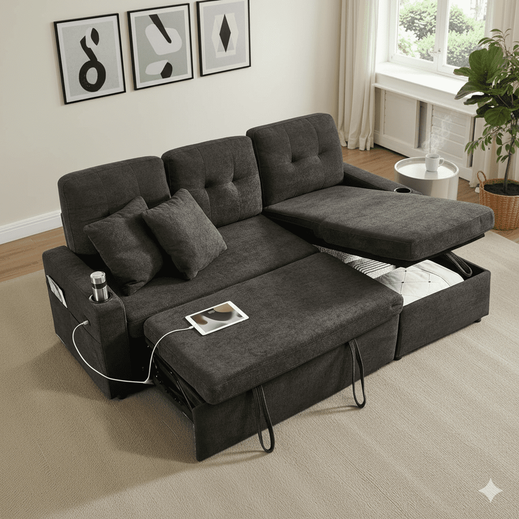 82" L Shaped Sectional Sleeper Sofa, Convertible Sofa Bed with Pull Out Couch| Storage Chaise| USB Charging for Living Room