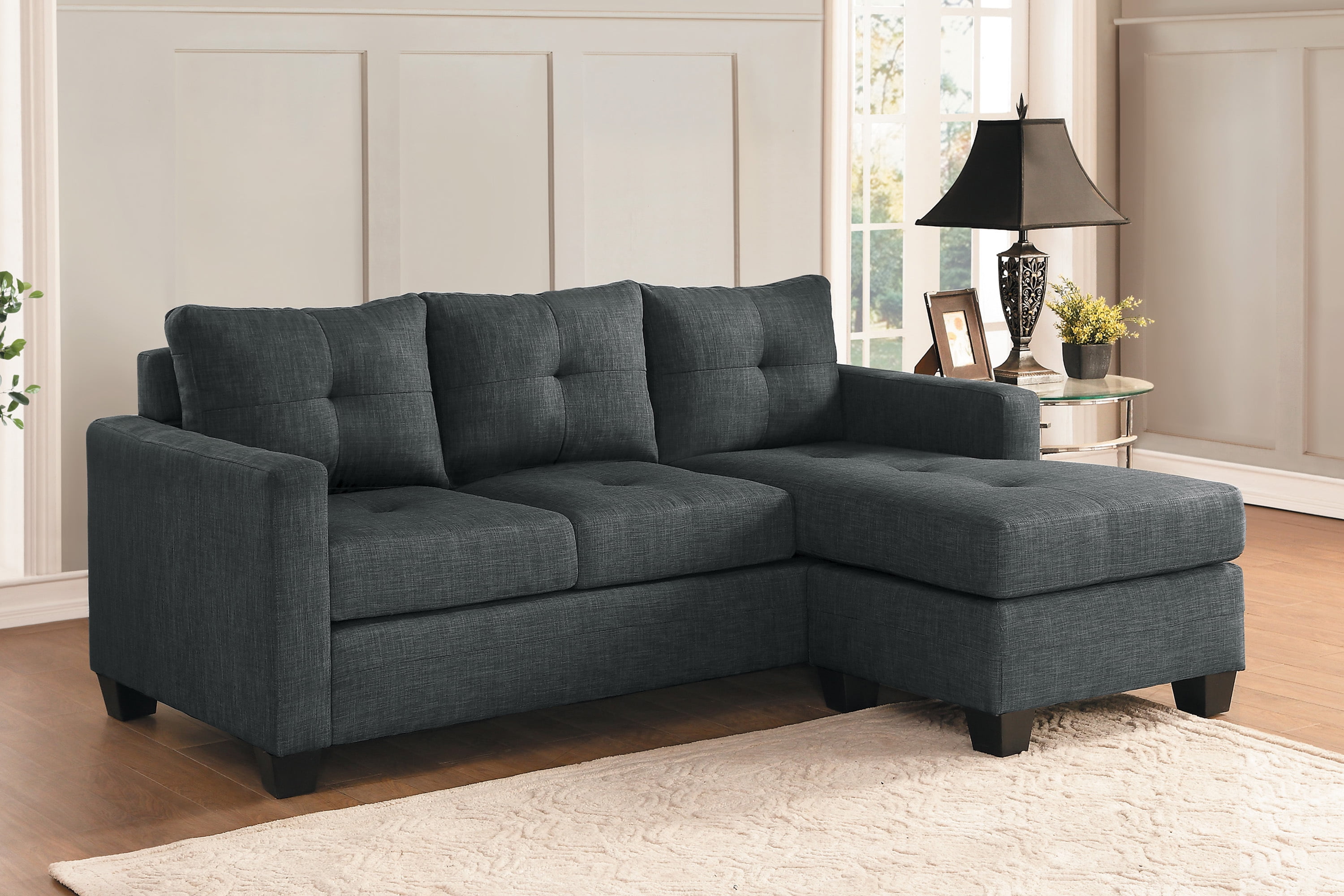 Reversible Sectional Sofa, Dark Gray Linen-Like Fabric, Tufted Design ...
