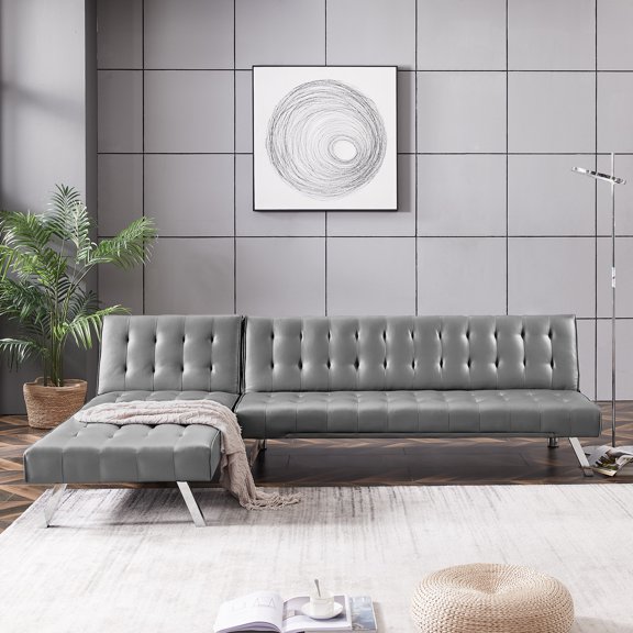 Reversible Sectional Sofa Sleeper Grey Pu With Metal Legs