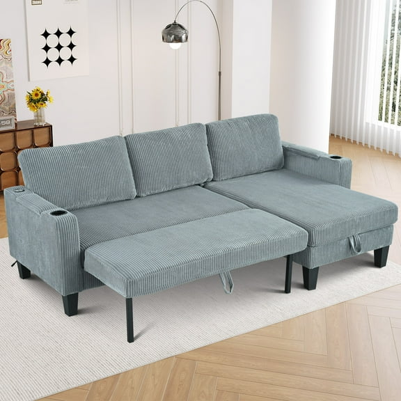 Reversible Sectional Sofa with Storage Chaise, Arm with Cup Holder,Storage and Usb Ports , Modern Corduroy Fabric Sleeper Sofa L-Shaped Couch for Living Room, Bedroom, Apartment,Office (Gray)
