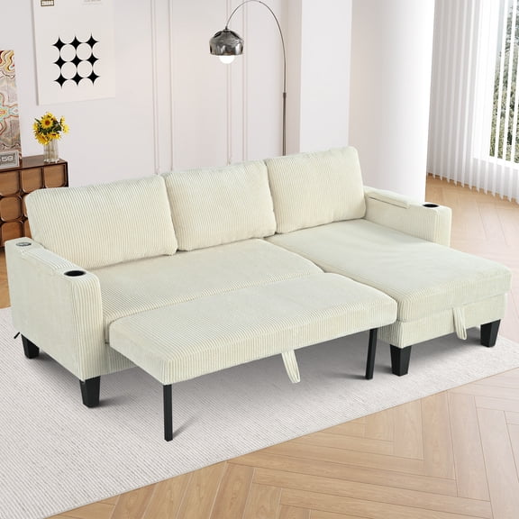 Reversible Sectional Sofa with Storage Chaise, Arm with Cup Holder,Storage and Usb Ports , Modern Corduroy Fabric Sleeper Sofa L-Shaped Couch for Living Room, Bedroom, Apartment,Office (Beige)