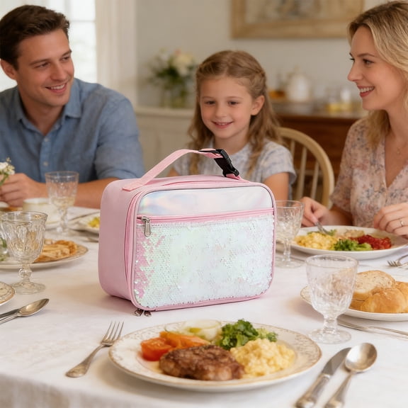 Reversible Sequin Insulated Lunch Bag, Portable Leakproof Cooler Tote for Work, School, Picnic, Travel