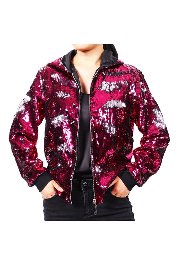 Reversible Sequin Jacket | Hooded Baseball Style | ShimmeringOutfit Suit Jacket for Women Vest Outdoor All Denim Wool Long Sleeve Warm Outerwear Jackets for Women Dressy Women Olive Jacket Women