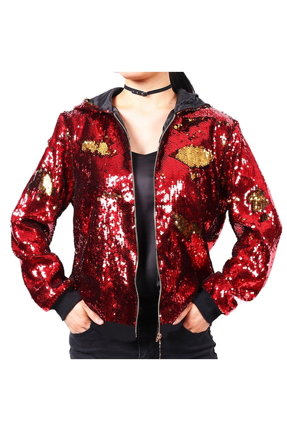 Reversible Sequin Jacket | Hooded Baseball Style | ShimmeringOutfit Suit Jacket for Women Vest Outdoor All Denim Wool Long Sleeve Warm Outerwear Jackets for Women Dressy Women Olive Jacket Women
