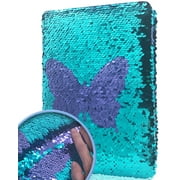 Reversible Sequin Notebook for People, 8.5x5.5in 160 Lined Pages Journal Intime Pour Fille Blue Magic Butterfly Flip Sequin Diary for Writing Drawing Gifts