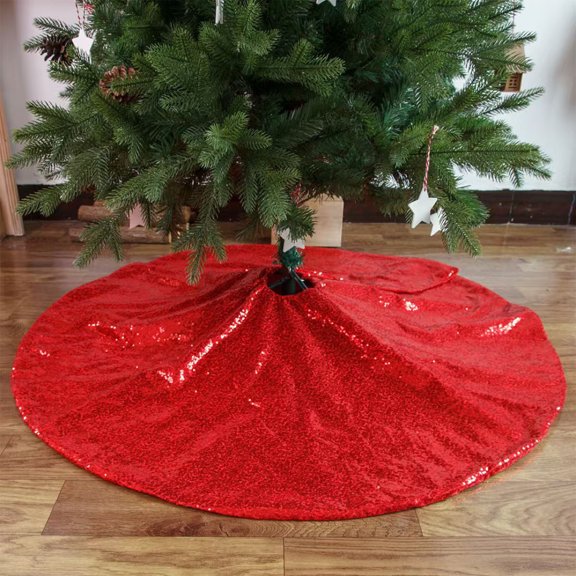 Reversible Sequins Christmas Tree Skirt 48x48 Inches, Sparkling Round Holiday Decor Mat with Non-Slip Backing for Tree Floor Protection Red