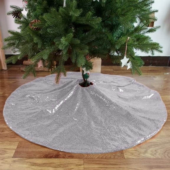 Reversible Sequins Christmas Tree Skirt 48x48 Inches, Sparkling Round Holiday Decor Mat with Non-Slip Backing for Tree Floor Protection Silver