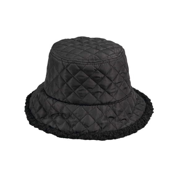 Reversible Sherpa Bucket Hat - 2-in-1 Sherpa Fleece & Quilted Puffer Lining, Wind-Resistant, One Size Fits Most, Machine Washable Winter Headwear - Black Design