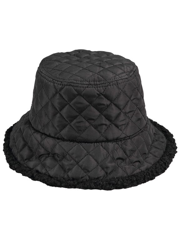 Reversible Sherpa Bucket Hat - 2-in-1 Sherpa Fleece & Quilted Puffer Lining, Wind-Resistant, One Size Fits Most, Machine Washable Winter Headwear - Bl