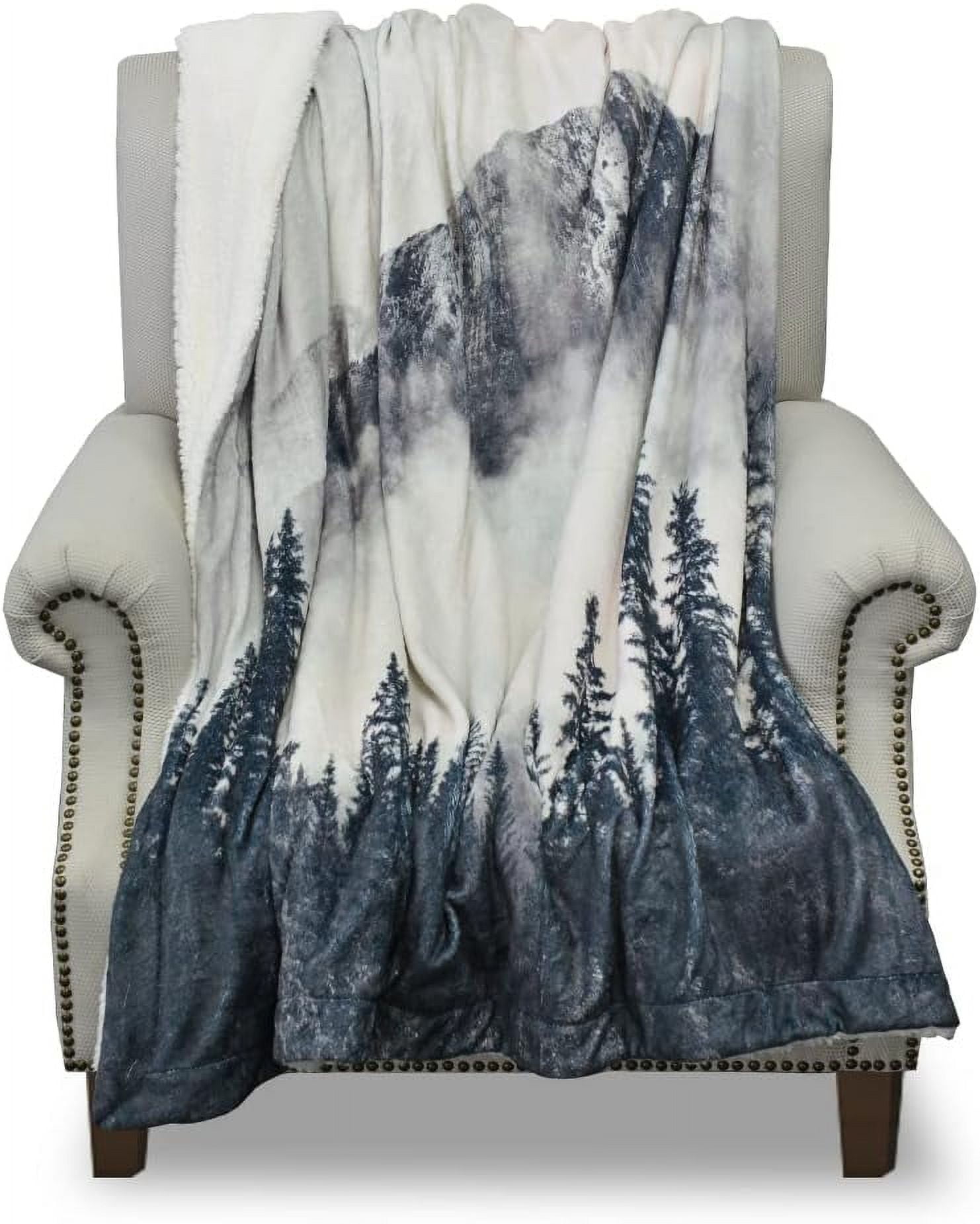 Reversible Sherpa Fleece Throw Blanket Mountain in The Mist Thick