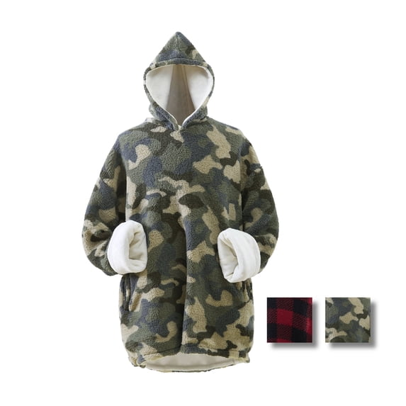 Reversible Sherpa and Micro-Mink Oversized Wearable Throw Blanket Hoodie, Green Camo Pattern, Unisex One size Fits Most
