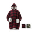 thumbnail image 1 of Reversible Sherpa and Micro-Mink Oversized Wearable Throw Blanket Hoodie, Red Gingham Pattern, Unisex One size Fits Most, 1 of 7