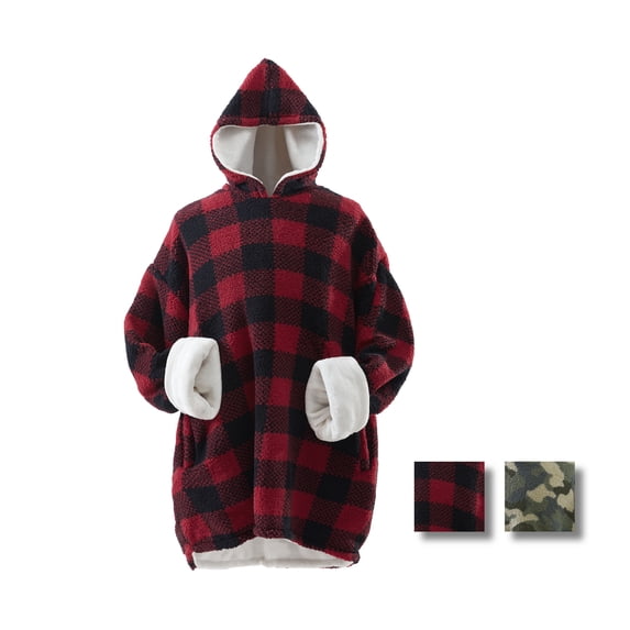 Reversible Sherpa and Micro-Mink Oversized Wearable Throw Blanket Hoodie, Red Gingham Pattern, Unisex One size Fits Most