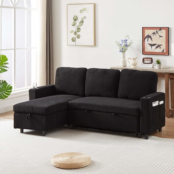 Reversible Sleeper Sectional Sofa Bed, Convertible Corduroy L-Shaped Pull Out Couch Bed with Storage Chaise/Cup Holder for Living Room, Apartment, Small Space, Black