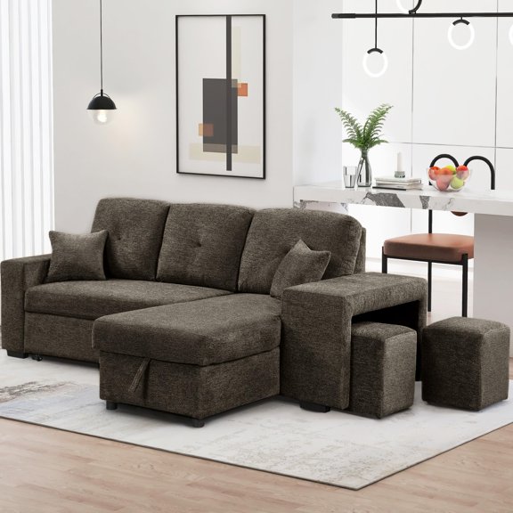 Reversible Sleeper Sectional Sofa Bed, L-Shaped Pull Out Couch with Storage Chaise, Velvet Corner Sofa with Side Shelf and 2 Stools for Living Room, Knox Charcoal