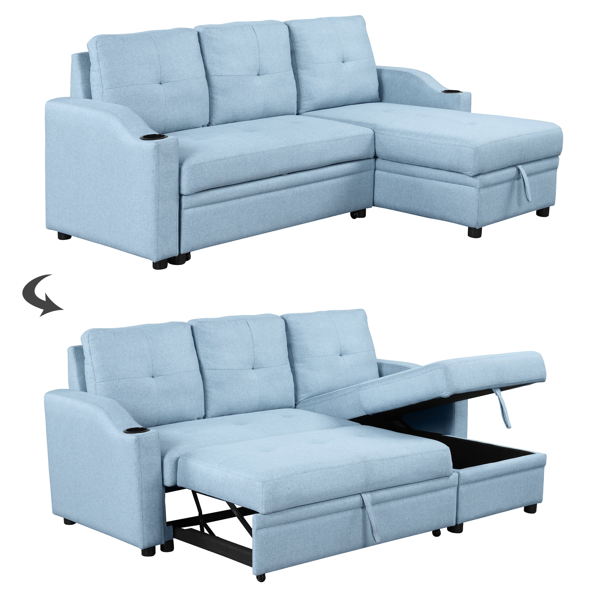 Reversible Sleeper Sectional Sofa with Storage and 2 Cup Holder