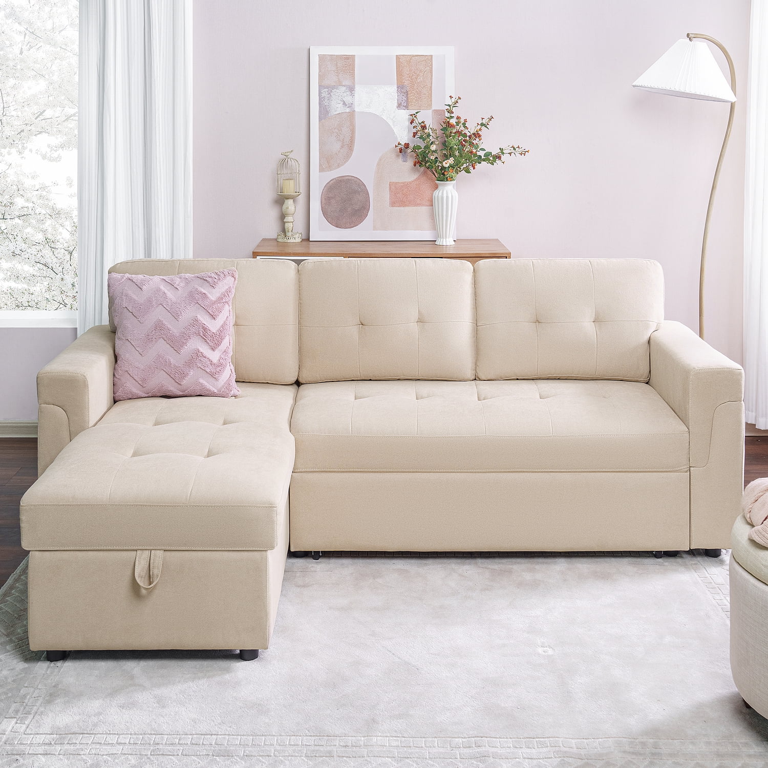 Naomi Home Beige Velvet Reversible Sleeper Sectional Sofa with Storage ...