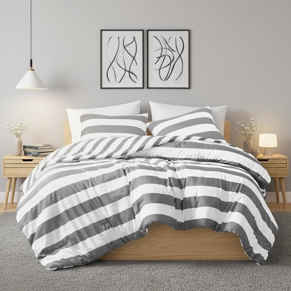 Reversible Striped Comforter Set, Soft Microfiber Bedding Set with Double-Sided Stripes Design, Warm & Cozy for -Seasons, 3- Comforter and Shams Set Size, Charcoal