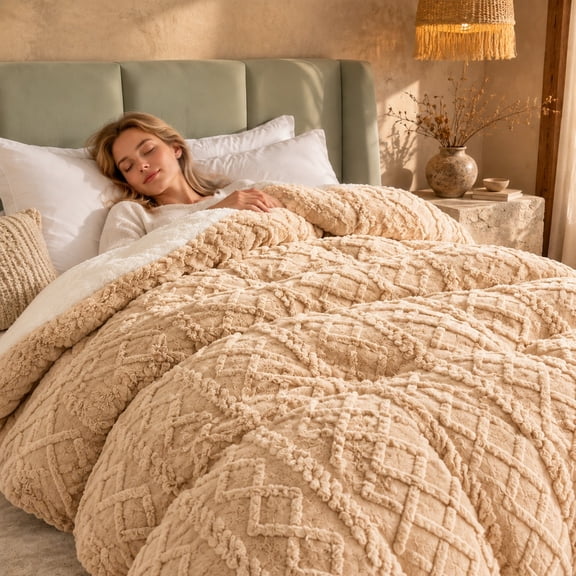 Reversible Taffeta Jacquard Blanket, Fluffy Warm Sherpa Fleece Throw, Anti‑Static Washable Multipurpose Home Blanket Brown Twin 68"×90"