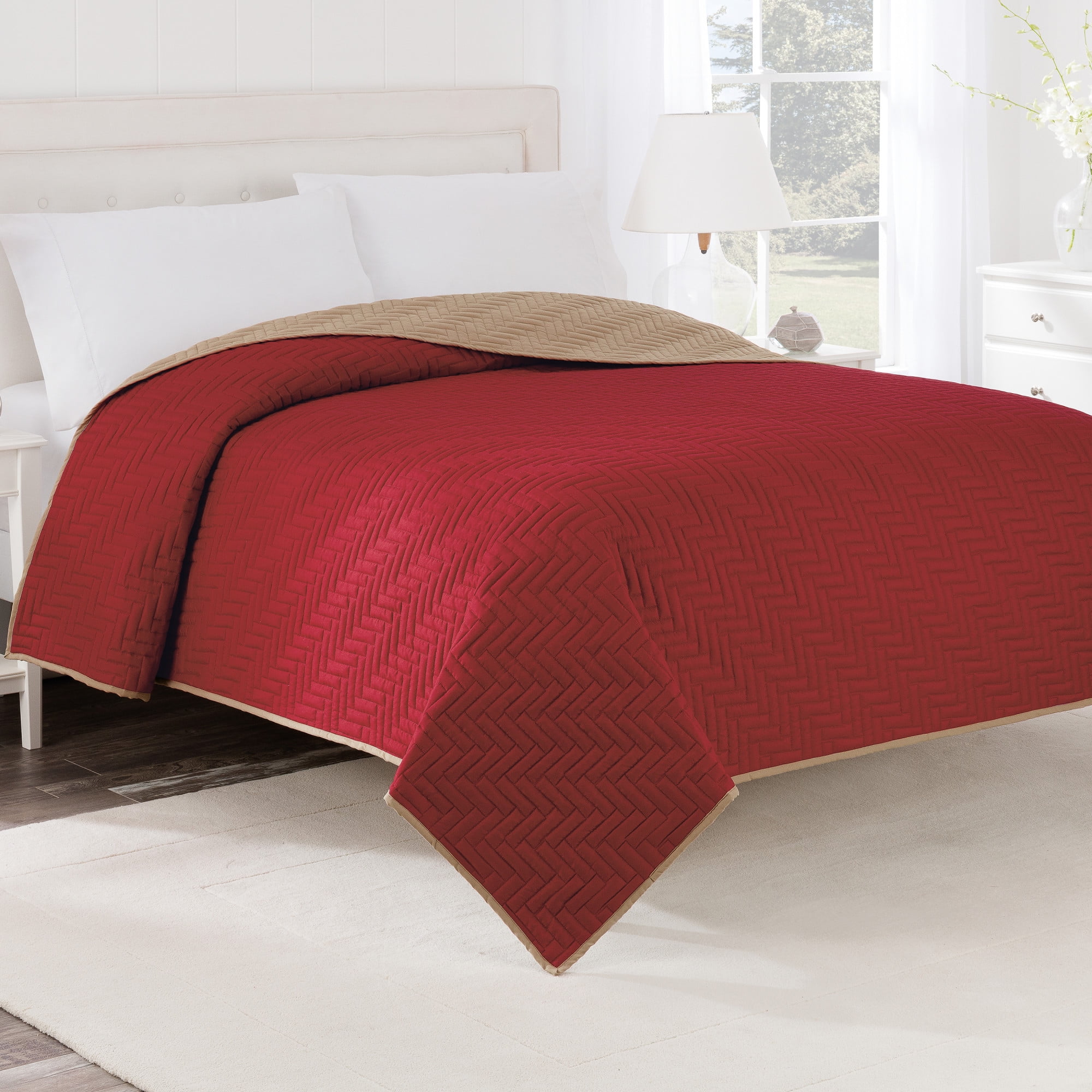 Twin Khaki and Red Reversible Polyester Coverlet