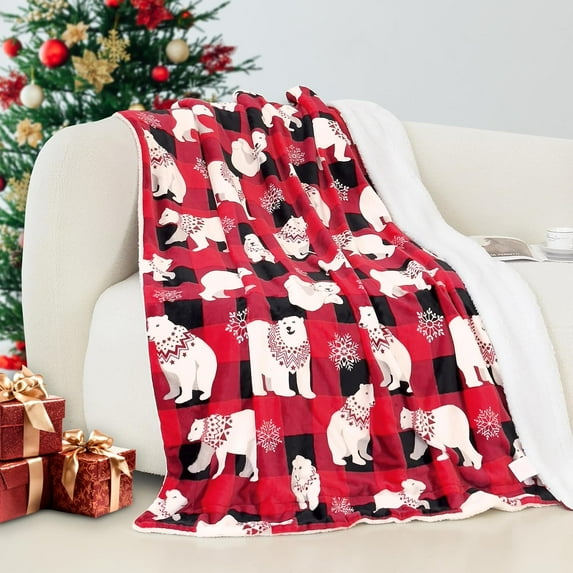 Reversible and Ultra-Plush Flannel Fleece-Winter Christmas Sherpa Throw- Lightweight Soft and Cozy-Holiday Decorative Throw, Perfect for Lounging, 50 x 60 inches, Polar Plaid Red