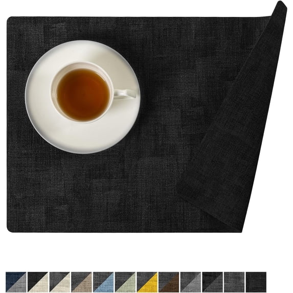 Reversible Vinyl Placemats Set of 6, Faux Leather 100% Waterproof Oil-Proof Wipeable Place Mats, Heat Resistant Dual Sided Table Mats for Kitchen/Dining/Party (Black, 12 x 18 Inch)