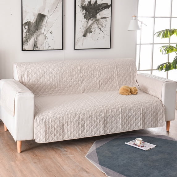 Reversible Water Resistant Couch Cover for Dogs Cats with Elastic Straps Foam Sticks Furniture Protector Sofa Slipcover(Beige)