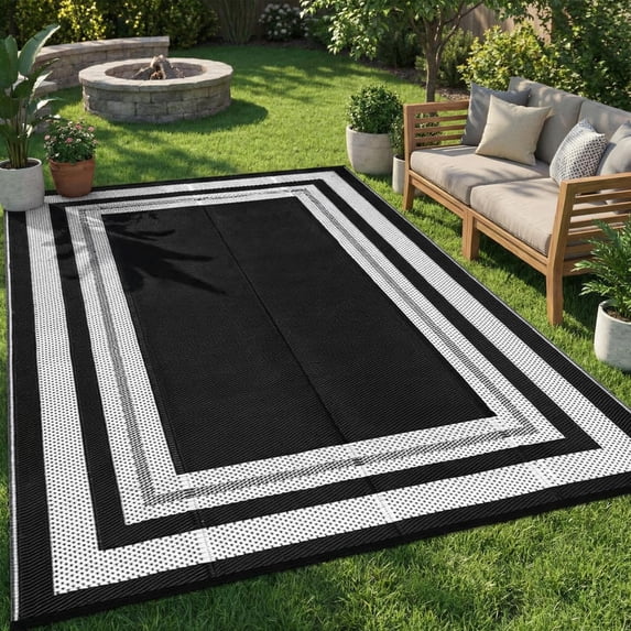 Reversible Waterproof Outdoor Patio Rug,Lightweight Plastic Straw Mat ,Modern Bordered Design, Large Area Carpet,for Patio, RV, Porch,Black,10x14FT