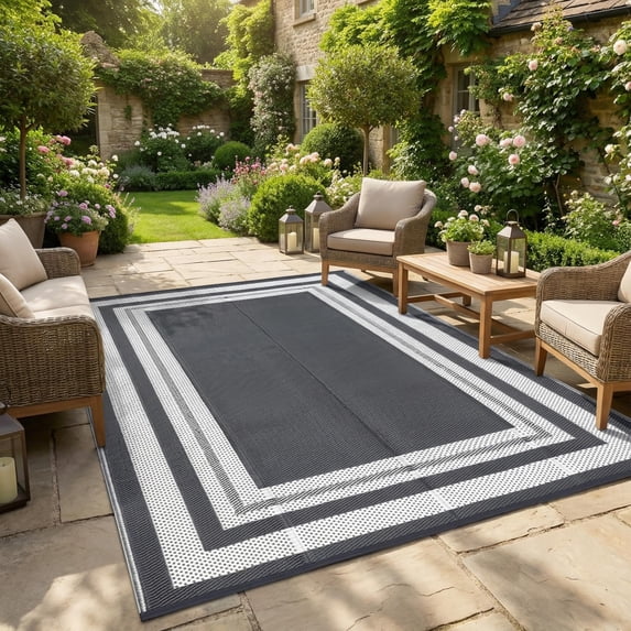 Reversible Waterproof Outdoor Patio Rug,Lightweight Plastic Straw Mat ,Modern Bordered Design, Large Area Carpet,for Patio, RV, Porch,Gray,10x14FT