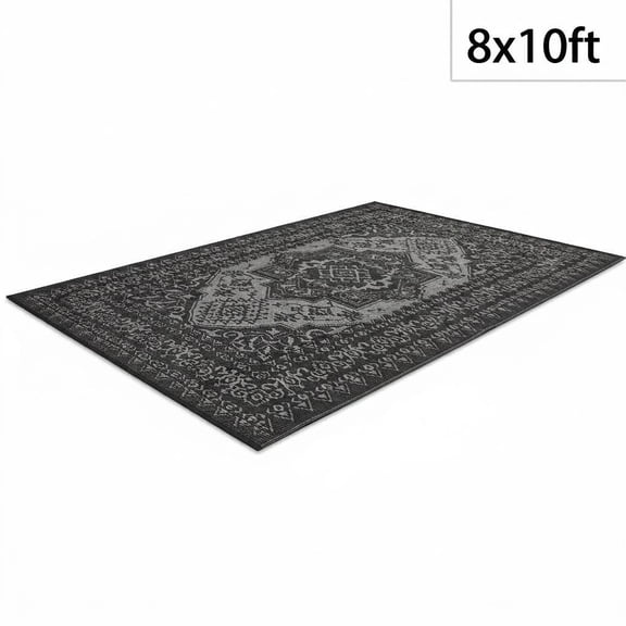 Reversible Waterproof Outdoor Rug, UV Resistant Plastic Straw Mat, Durable Easy Clean Portable Floor Carpet for Patio Deck Garden RV Camping - Black Grey 8x10ft
