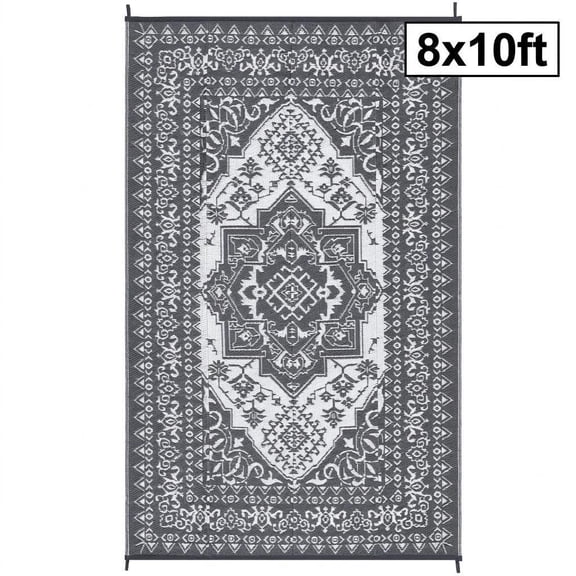 Reversible Waterproof Outdoor Rug, UV Resistant Plastic Straw Mat, Durable Easy Clean Portable Floor Carpet for Patio Deck Garden RV Camping - Grey 8x10ft