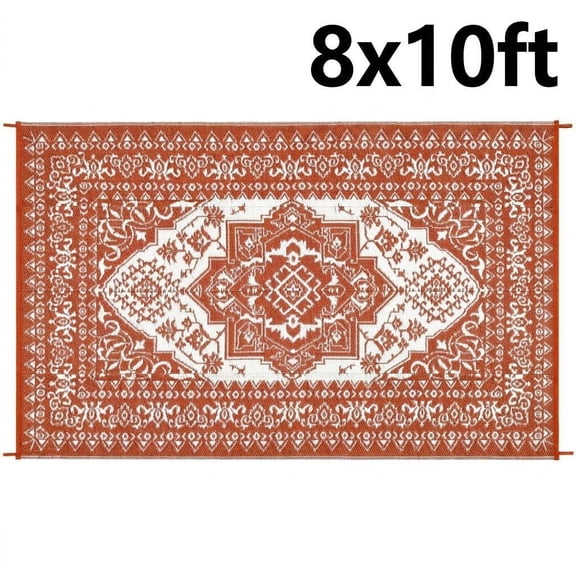 Reversible Waterproof Outdoor Rug, UV Resistant Plastic Straw Mat, Durable Easy Clean Portable Floor Carpet for Patio Deck Garden RV Camping - Orange 8x10ft