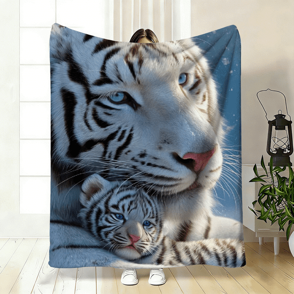 Reversible White Tiger Cub Flannel Throw Blanket - Soft Heavyweight Wildlife Bedspread Suitable for All-Season /Outdoor Use, Camping, Travel - Cozy Tiger Parent Cub Design