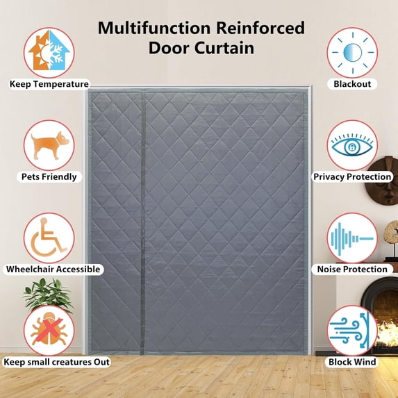 Reversible Wide Magnetic Thermal Insulated Door Curtain for Winter,Thicken Polyester Fiberfill & Heavy Duty Oxford Cloth,Temporary Window Insulation Cover Curtain for French Sliding Door,74”x81,Grey
