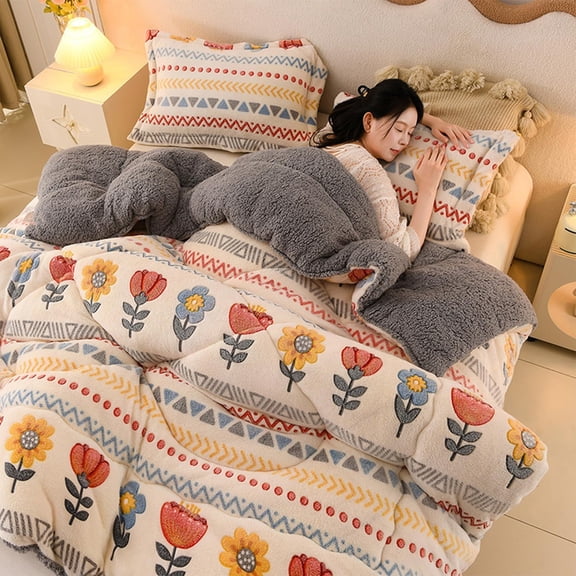 Reversible Winter Comforter, Double-Sided Fleece Sherpa Blanket Quilt with Snowflake Fleece and Lamb Fleece for Bed Couch Warm Bedding (70.9 * 86.6in-8.8lb)
