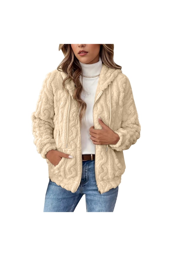 Reversible Winter Hooded Jacket Soft Warm Zip Front Outerwear Cozy Full Zip Up Coat For Women