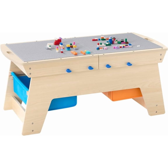 Reversible Wooden Activity Table, Multi-Purpose Activity Play Table with 200 Building Bricks & 3 Storage Bins for 3+ , Large Storage Space, Present for Boys & Girls,