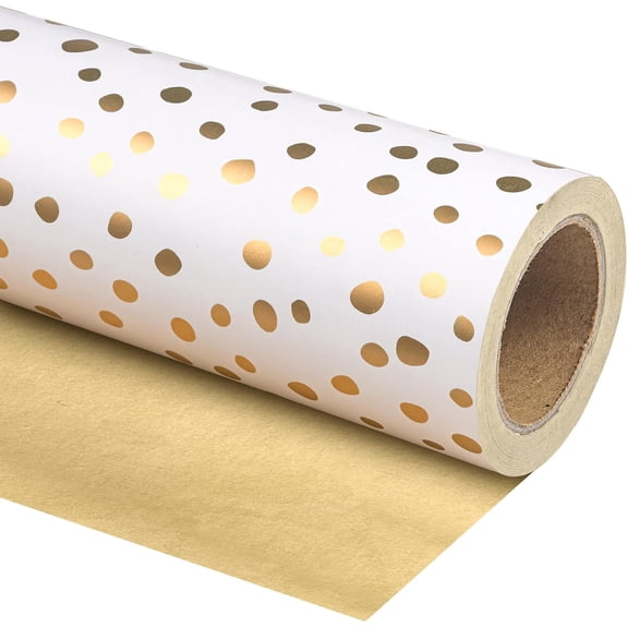 Reversible Wrapping Paper - Mini Roll - 30 Inch x 33 Feet - Gold Print and Delicate Polka Dot Wrapping Paper for Birthday, Holiday, Wedding, Baby Shower