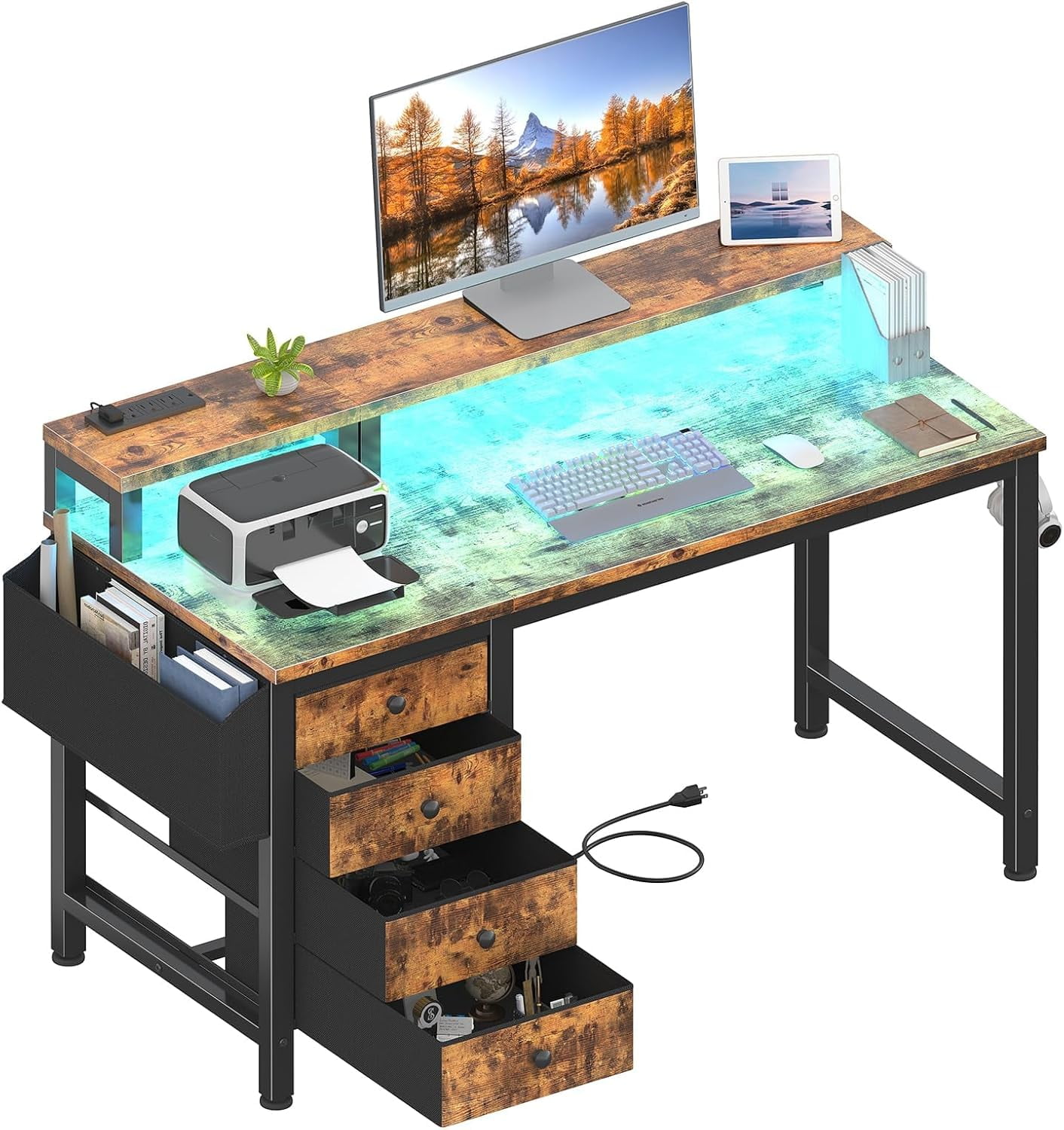 Reversible amin Desk with LED Li hts and Power Outlets, 47 inch Home ...