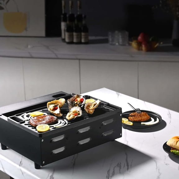 Reversible grill, double-sided frying pan, cast iron frying plate, rectangular double burner frying pan, non-stick pan, with handle, flat top plate for grilling, gas oven, black