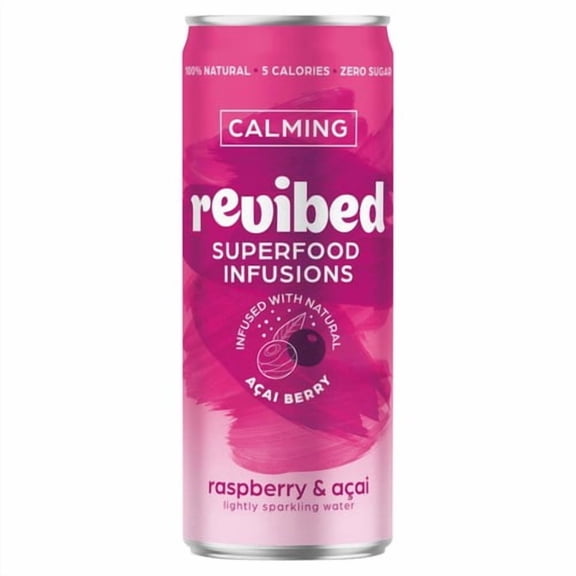 Revibed Calming Raspberry and Acai Berry Infused Lightly Sparkling Water 250ml, British Import (Pack of 6)