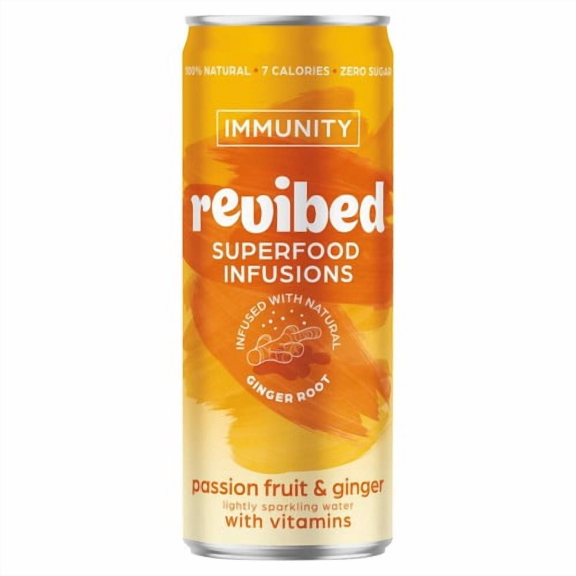 Revibed Immunity Passionfruit and Ginger Infused Lightly Sparkling Water 250ml, British Import (Pack of 6)