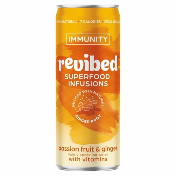 Revibed Immunity Passionfruit and Ginger Infused Lightly Sparkling Water 250ml, British Import (Pack of 6)